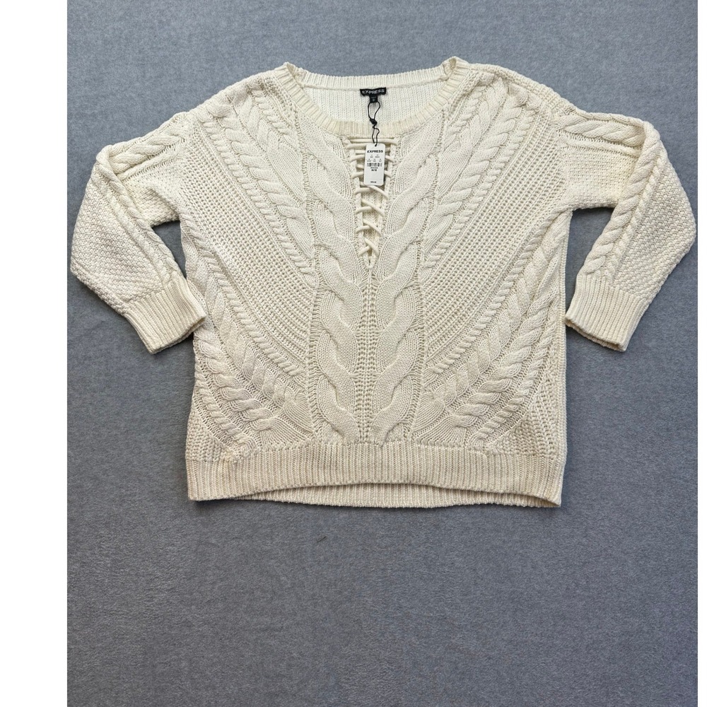 Express Womens Lace Up Cable Knit Sweater Cream Ivory V-Neck Medium NWT 9469